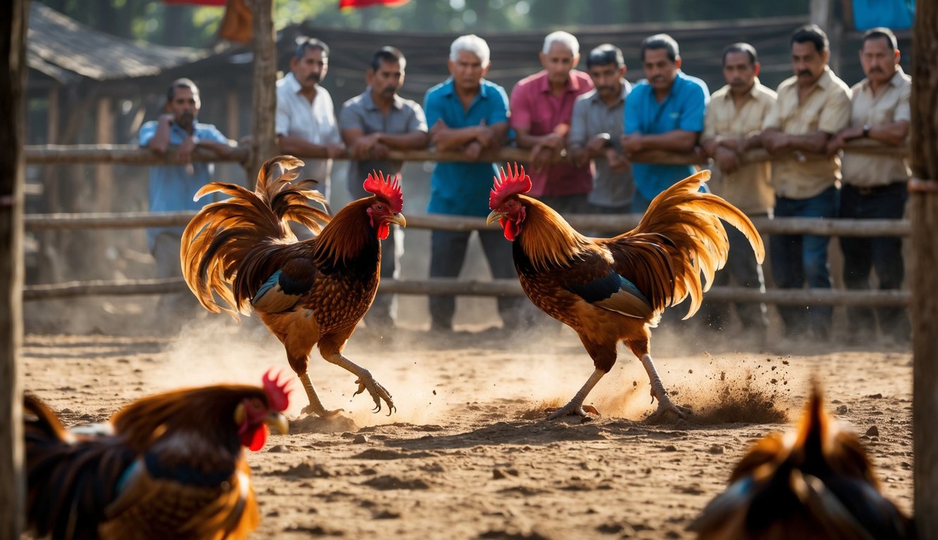 Dua ayam jago sedang bertarung di arena sabung ayam dengan beberapa pria serius mengamati di sekitarnya.