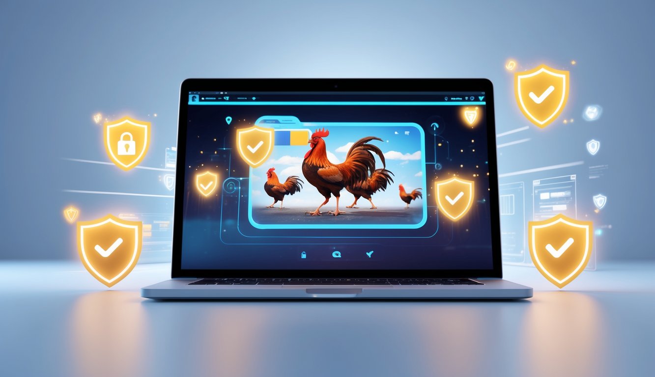 Layar komputer menampilkan animasi ayam aduan dengan ikon keamanan digital di sekitarnya, menggambarkan platform sabung ayam online yang aman dan adil.