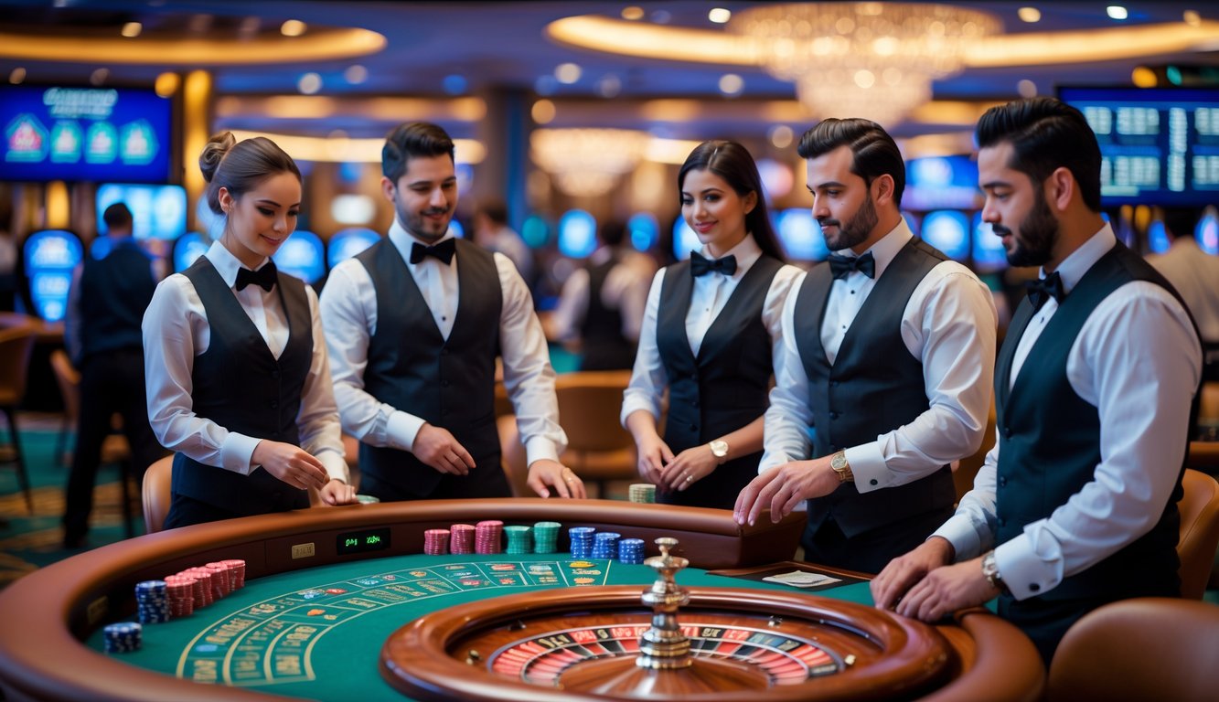 Suasana kasino langsung dengan dealer profesional yang sedang mengelola meja permainan sepanjang hari.