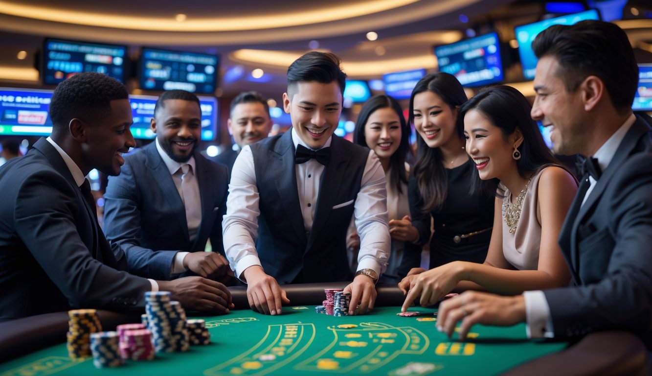 Sejumlah orang bermain permainan kasino langsung di meja kasino dengan dealer yang membagikan kartu, suasana penuh kegembiraan dan interaksi sosial.