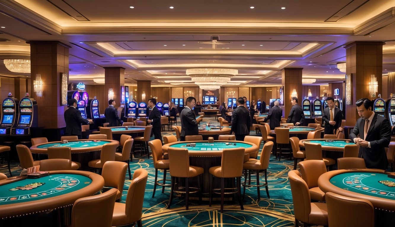 Suasana dalam kasino langsung dengan berbagai meja permainan dan pemain serta dealer yang sedang bermain.