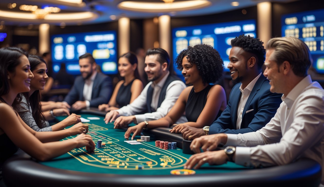 Sekelompok orang beragam usia dan etnis sedang bermain di meja kasino langsung dengan kartu, chip, dan roda roulette, suasana fokus dan bersemangat.