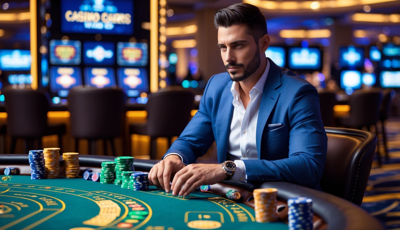 Seorang pria duduk di meja kasino langsung dengan suasana mewah dan fokus bermain permainan kasino.