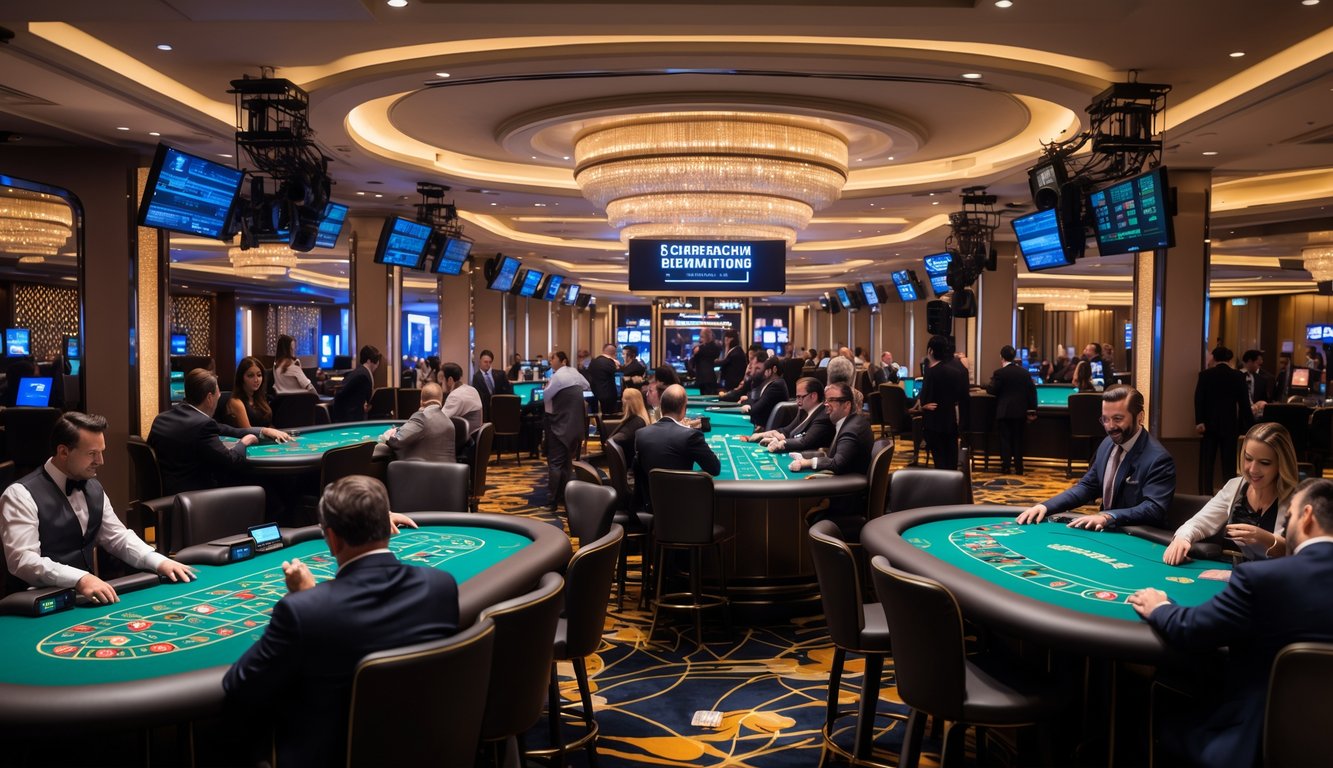 Suasana kasino langsung dengan meja permainan dan pemain yang fokus bermain di lingkungan yang terang dan modern.