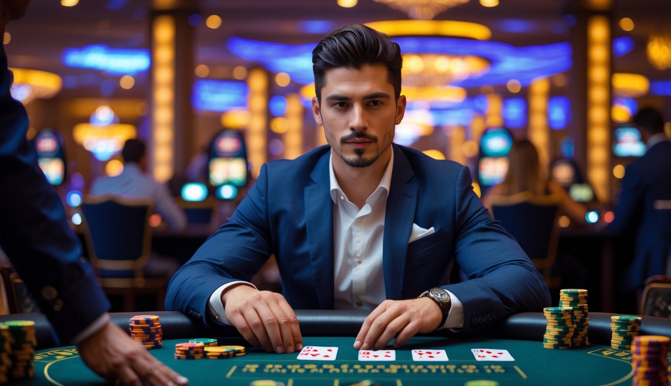 Seorang pemain pria fokus duduk di meja kasino live dengan kartu dan chip, dikelilingi suasana kasino yang ramai dan dealer yang sedang membagikan kartu.