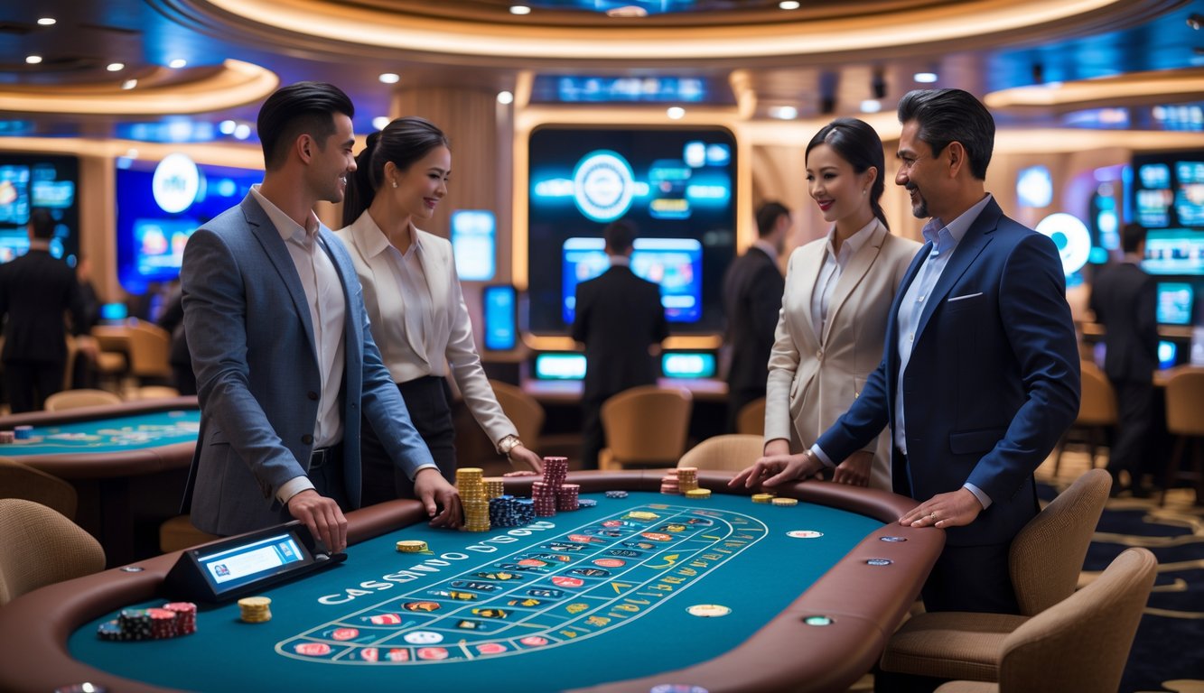 Suasana kasino modern dengan orang-orang bermain di meja permainan dan layar digital yang menampilkan grafis terkait taruhan online.