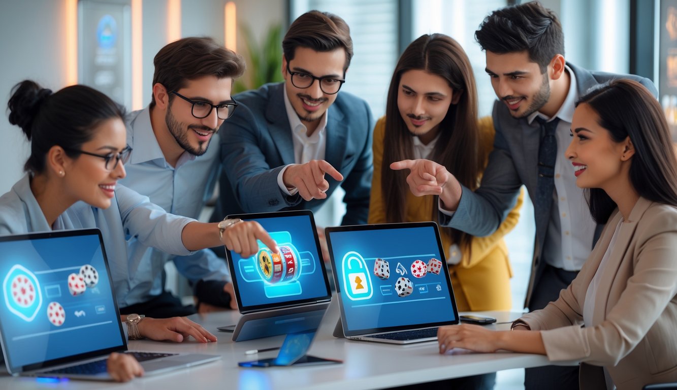 Sekelompok orang muda sedang berdiskusi di meja dengan laptop dan tablet yang menampilkan grafik permainan kasino, dalam suasana kantor yang terang dan modern.