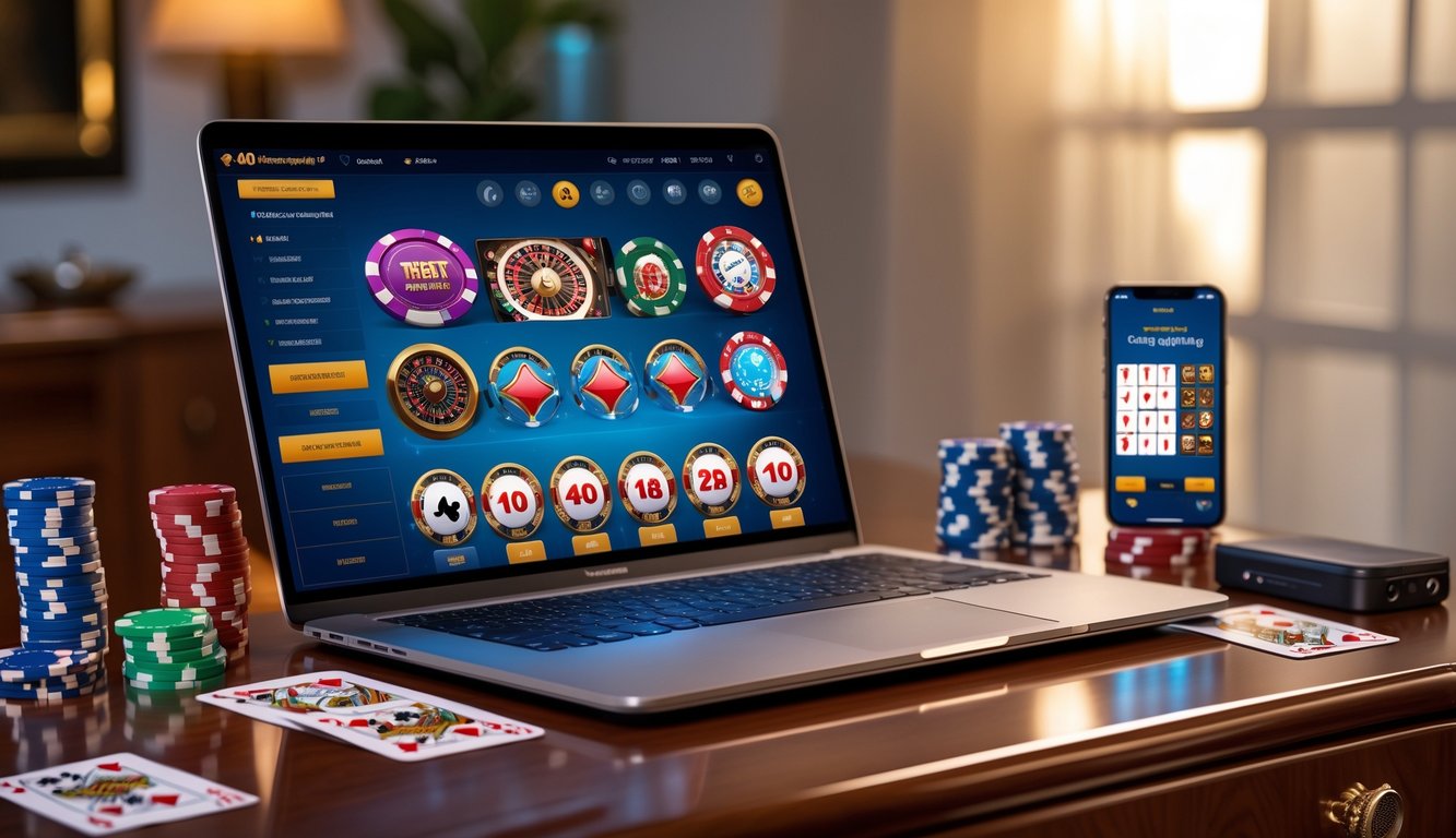 Sebuah laptop di meja kayu dengan layar menampilkan berbagai permainan kasino online, dikelilingi oleh chip poker dan kartu remi di lingkungan rumah yang nyaman.