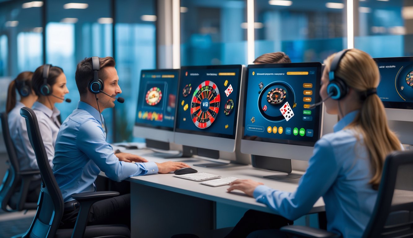 Tim layanan pelanggan profesional sedang bekerja di kantor modern dengan komputer dan headset, memberikan dukungan live chat 24 jam.