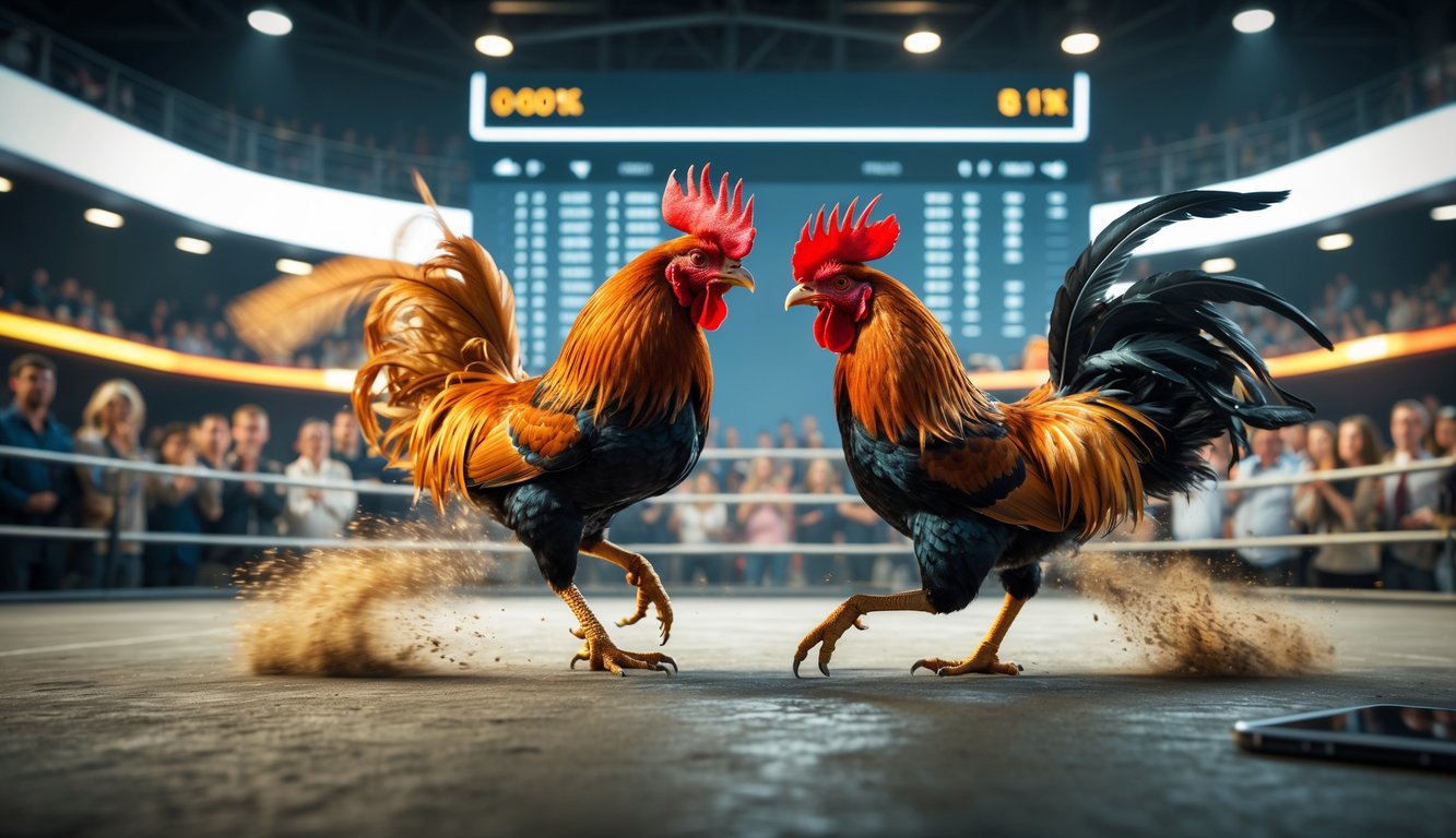 Dua ayam jantan sedang bertarung di arena dengan penonton yang menyaksikan di sekitarnya.