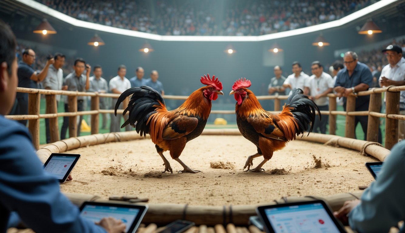 Dua ayam jago sedang bertarung di arena melingkar dengan penonton yang memperhatikan dan menganalisis pertarungan.