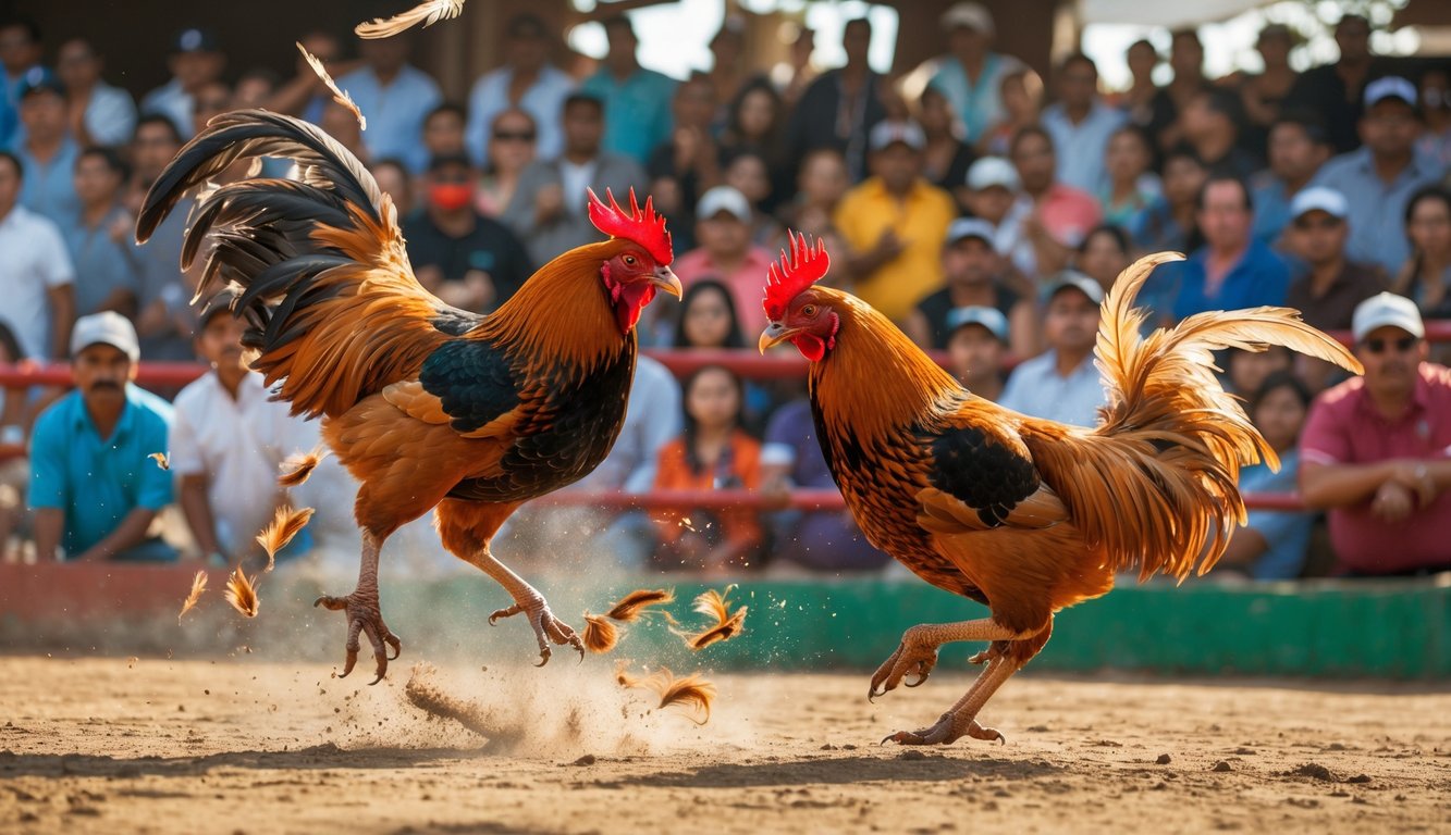 Dua ayam jago sedang bertarung di arena dengan penonton yang menyaksikan di latar belakang.