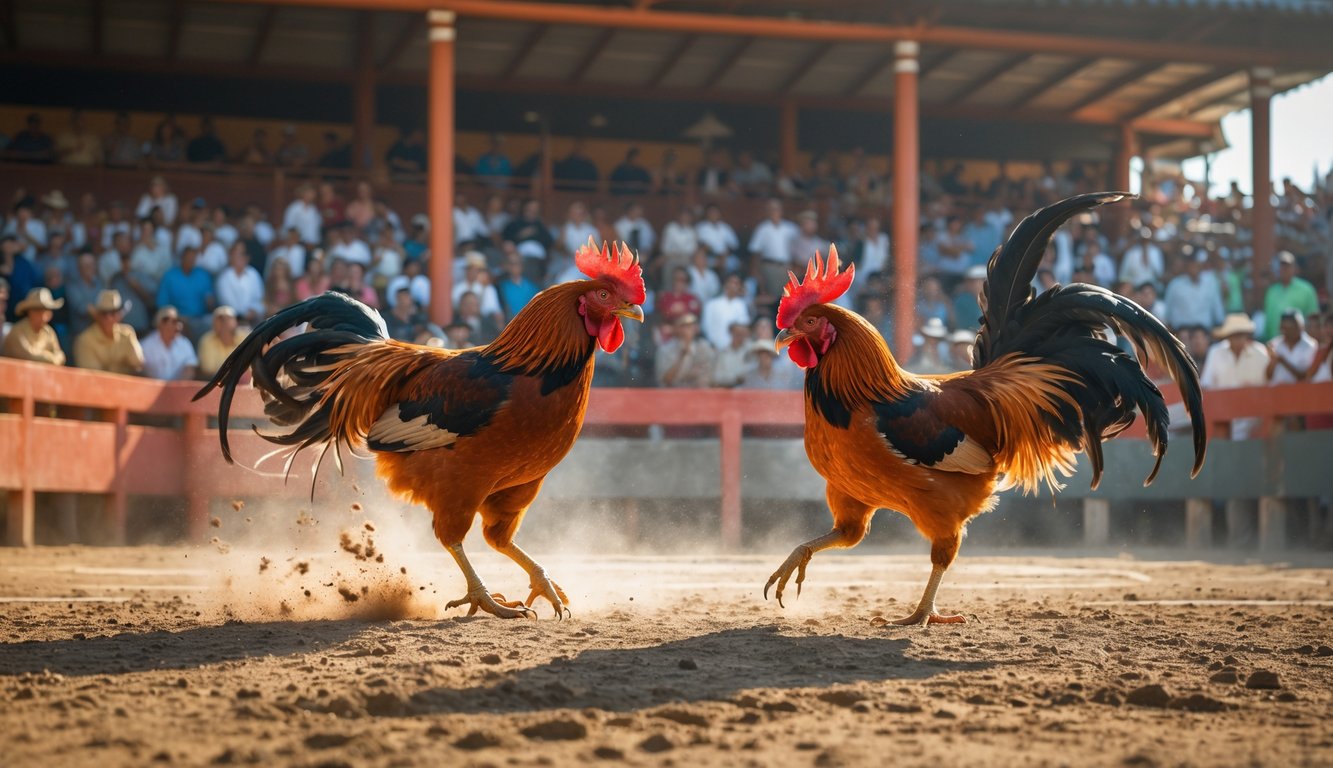 Suasana pertandingan sabung ayam resmi dengan dua ayam bertarung di arena dan penonton yang antusias mengelilingi.