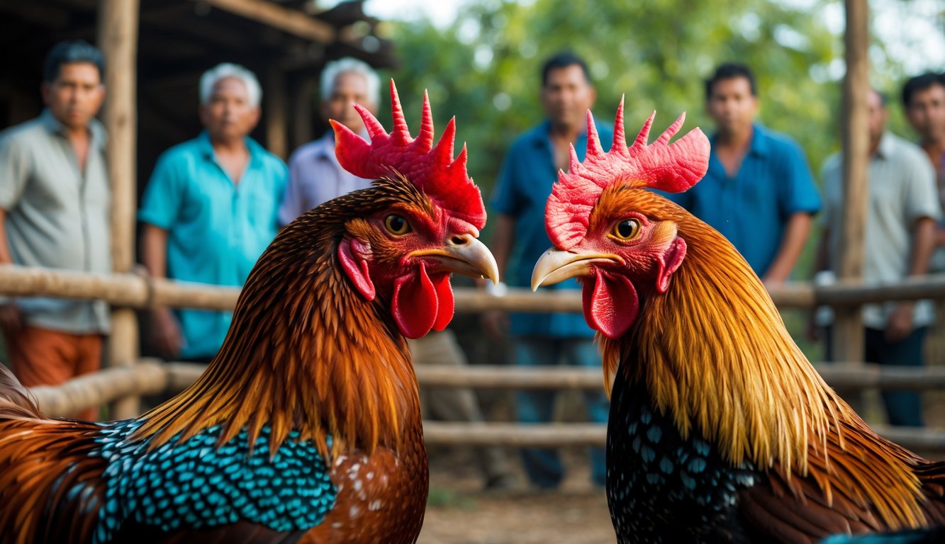Dua ayam jago sedang bertarung di arena dengan beberapa pria dewasa yang serius memperhatikan di sekelilingnya.