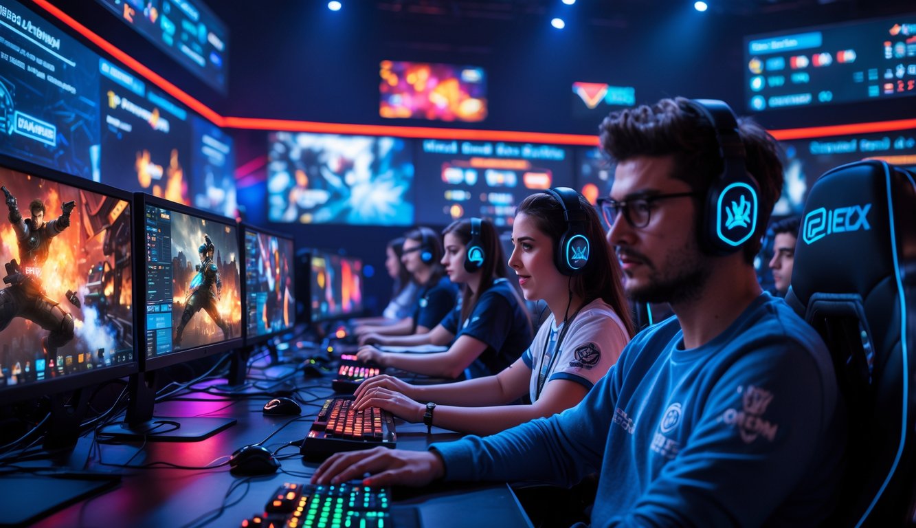 Sekelompok pemain e-sports yang fokus bermain game kompetitif di komputer dengan layar besar di arena gaming modern.