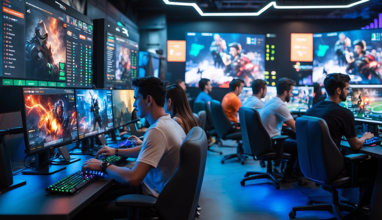 Sekelompok pemain muda berkumpul di ruang bermain e-sports modern, menggunakan komputer dan perangkat digital untuk bertaruh dan menonton pertandingan e-sports.