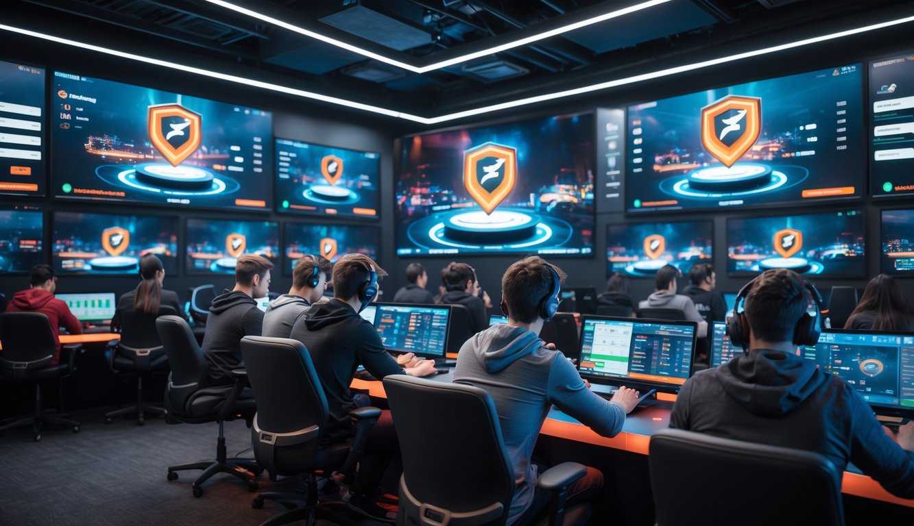 Sekelompok orang muda sedang bertaruh taruhan e-sports secara real-time menggunakan layar besar dalam ruangan gaming modern.