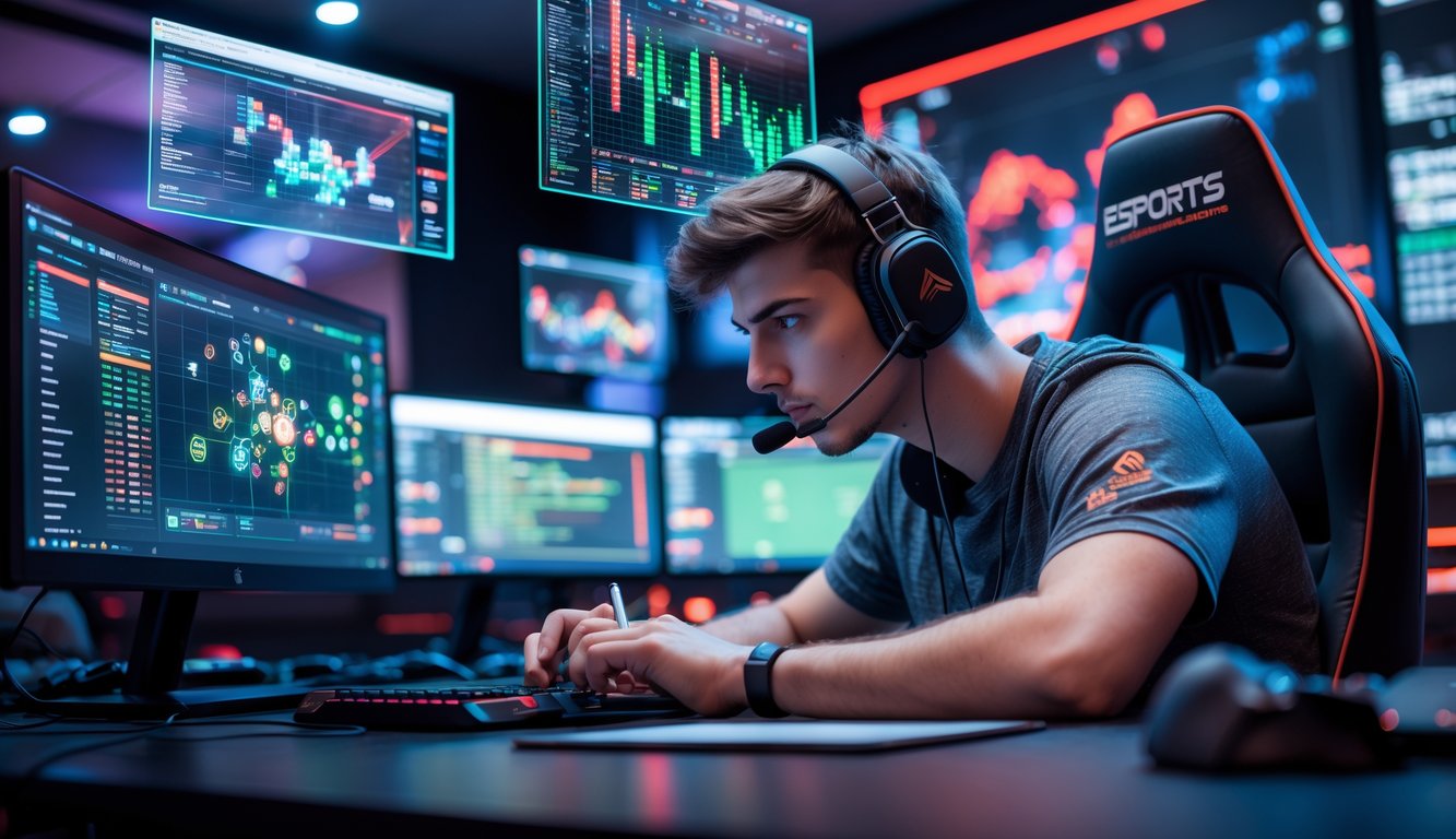 Seorang pria muda fokus menganalisis permainan esports di beberapa layar komputer di ruangan gaming modern dengan pencahayaan RGB.