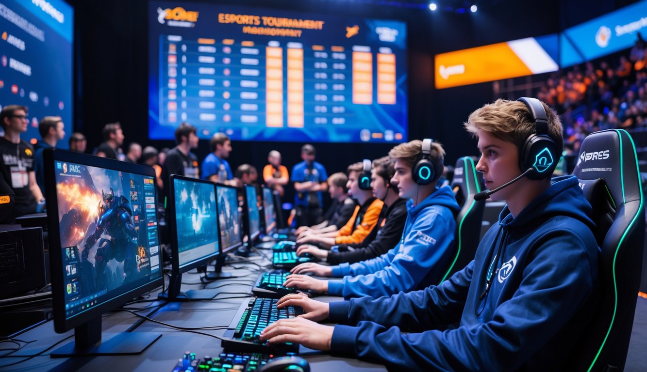 Sejumlah pemain esports profesional sedang bermain dalam turnamen internasional dengan layar besar menampilkan jadwal pertandingan di latar belakang.