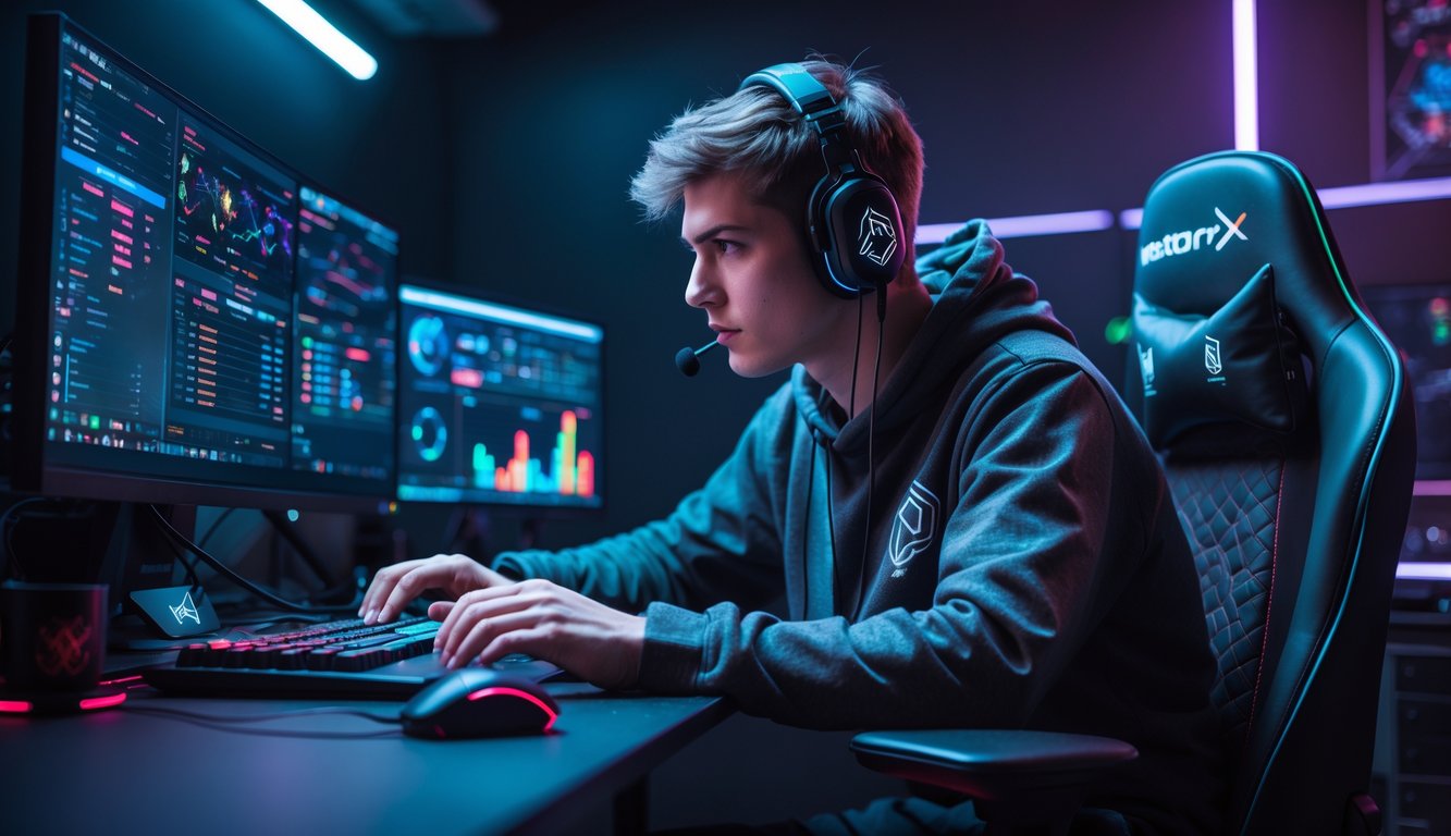 Seorang pemain esports fokus menganalisis data permainan di depan beberapa layar komputer dalam ruangan gaming modern.