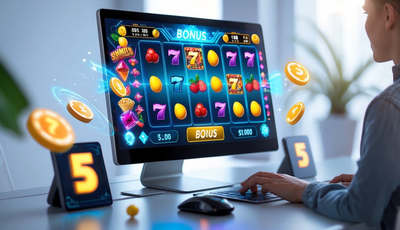 Seorang pengguna sedang bermain mesin slot online terbaru di komputer dengan tampilan grafis warna-warni dan ikon bonus yang menyala.