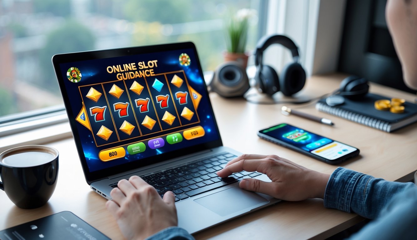 Meja kerja dengan laptop yang menampilkan permainan slot online, tangan seseorang menggunakan laptop dan memegang cangkir kopi, dengan aksesori gaming di sekitar.