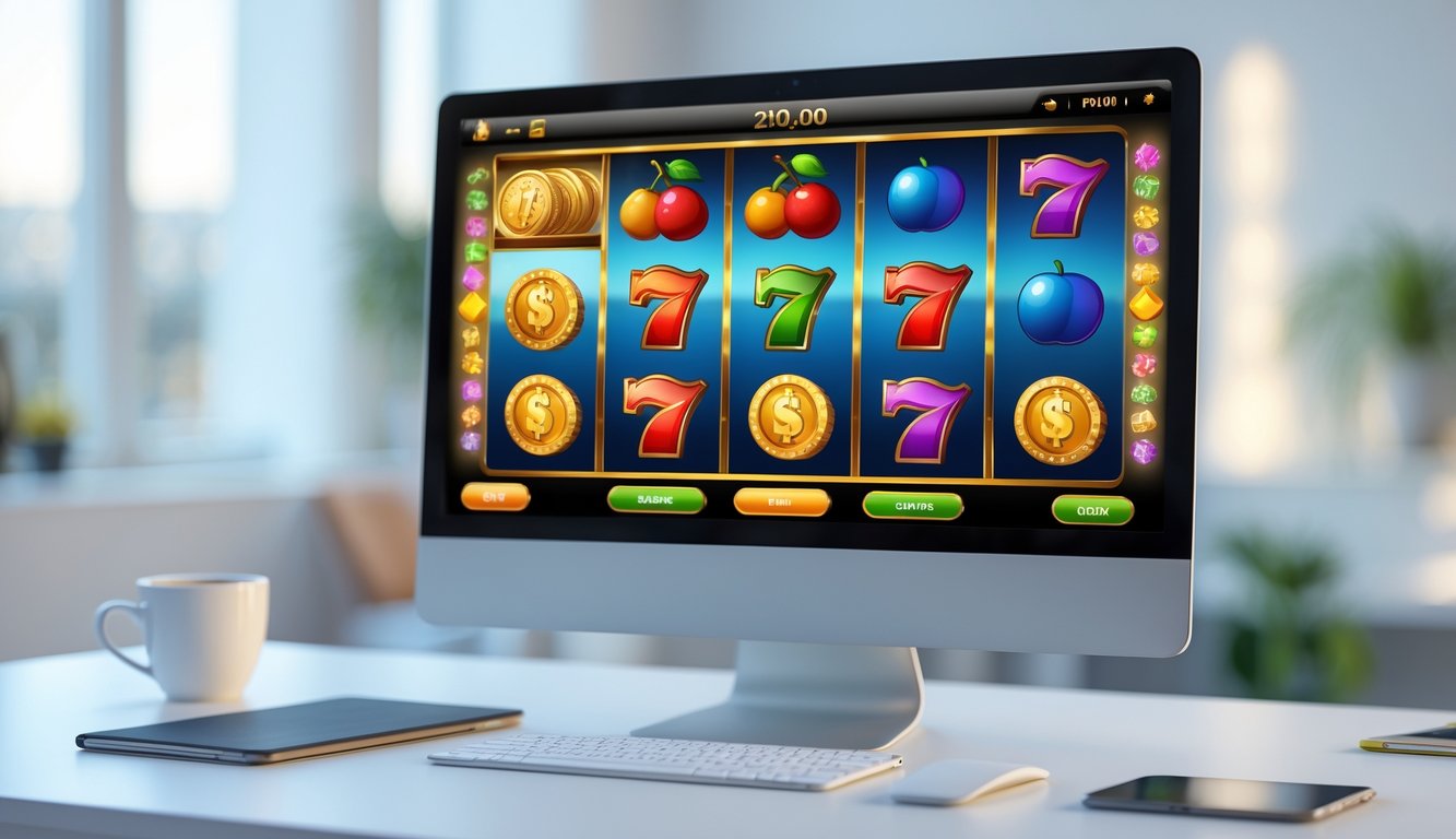 Layar komputer menampilkan permainan slot online dengan simbol warna-warni dalam pola yang mudah dipahami di ruang kerja yang terang dan rapi.