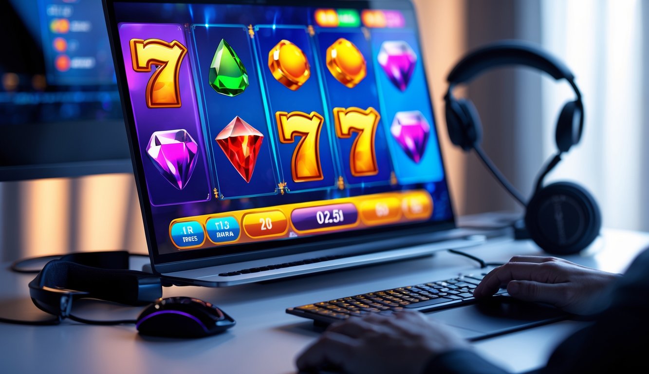 Tampilan layar komputer dengan permainan slot online berwarna-warni di meja kerja minimalis.