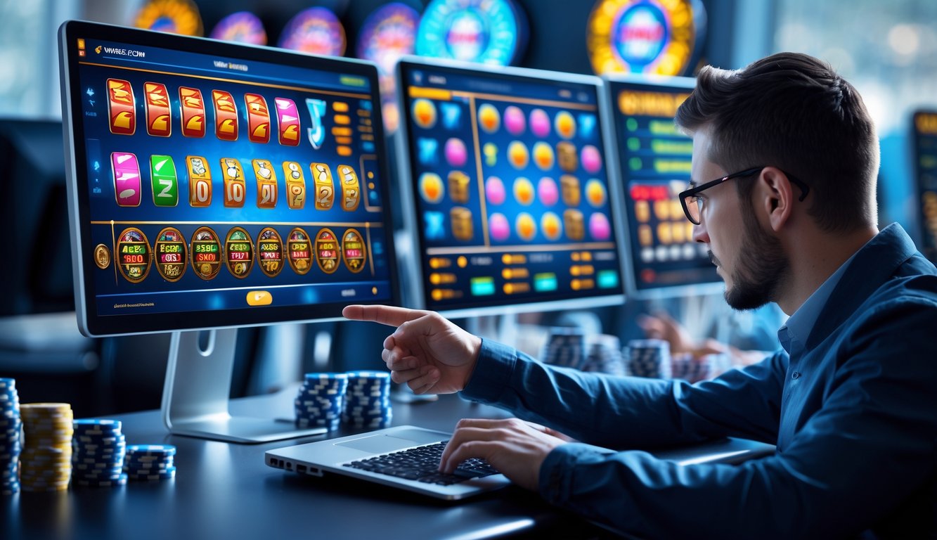 Seorang profesional sedang menganalisa pola slot online di depan beberapa layar komputer di ruang kerja yang rapi.