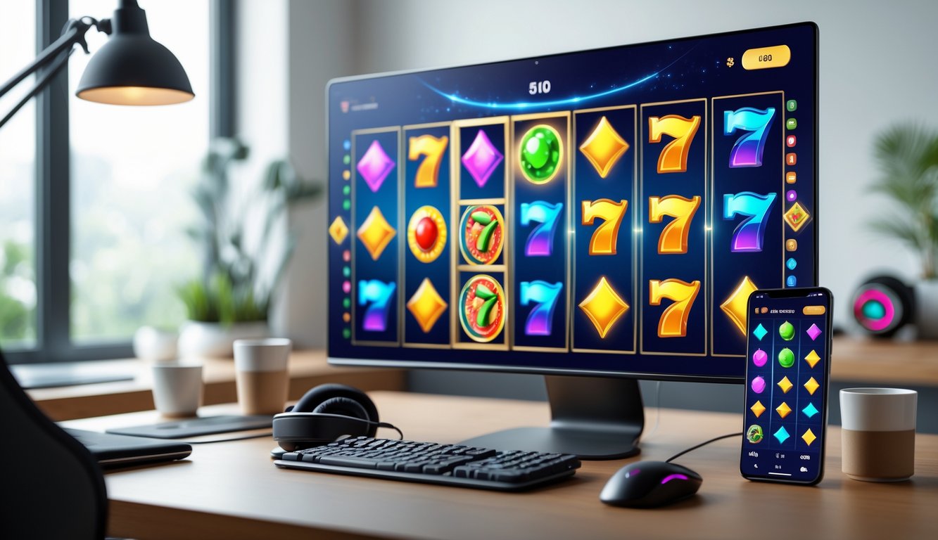 Layar komputer dan ponsel menampilkan permainan slot online dengan simbol warna-warni di meja kerja modern.
