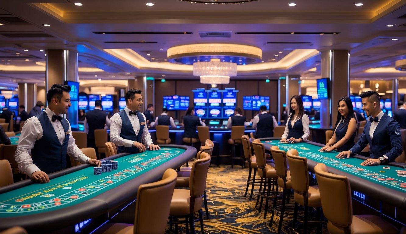 Suasana ruang permainan kasino langsung dengan dealer profesional yang melayani pemain secara aktif di meja permainan.