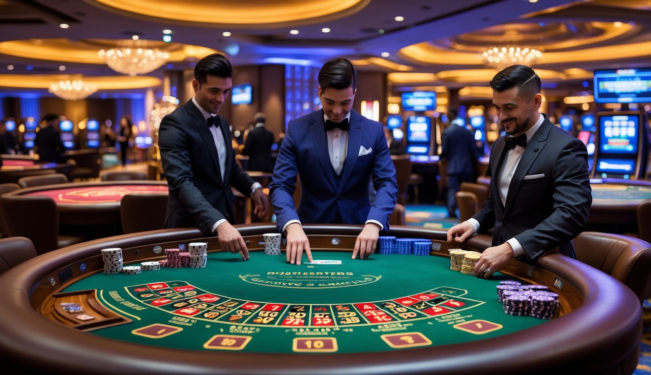 Suasana kasino langsung dengan beberapa meja permainan dan dealer yang sedang melayani pemain.