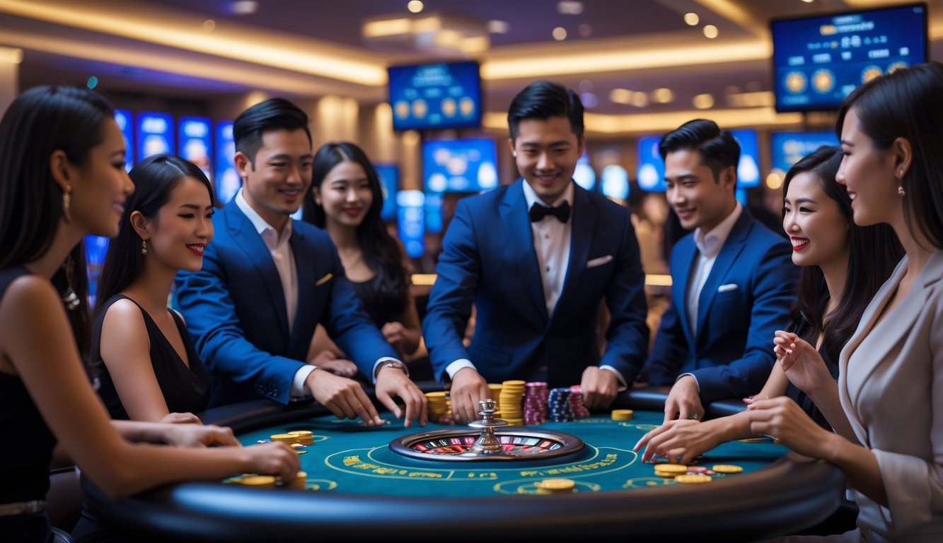 Orang-orang bermain permainan kasino langsung dengan dealer di meja, suasana kasino modern dengan peralatan streaming dan layar digital di latar belakang.