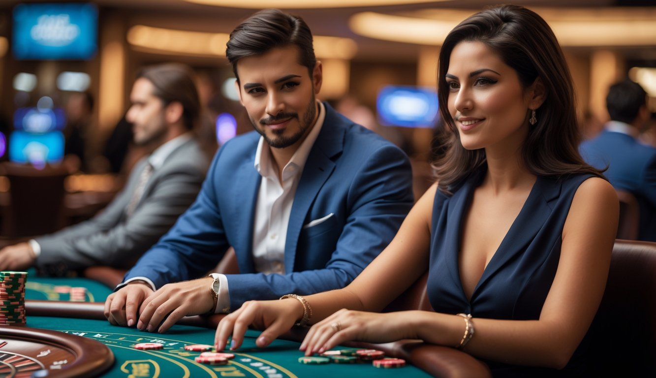 Seorang pria dan wanita duduk di meja kasino live dengan chip dan kartu, fokus bermain permainan kasino.