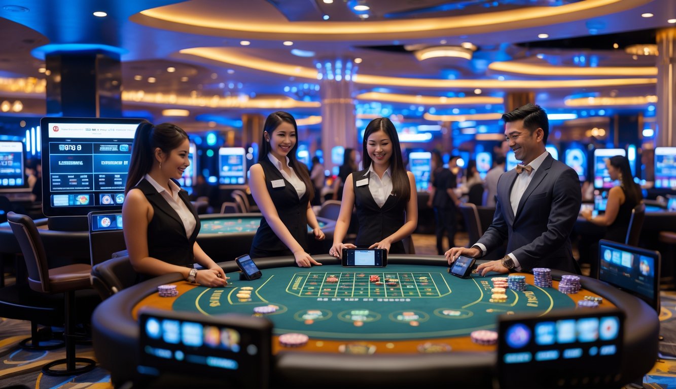 Suasana kasino live dengan meja permainan modern dan dealer yang melayani pemain yang menggunakan perangkat digital.