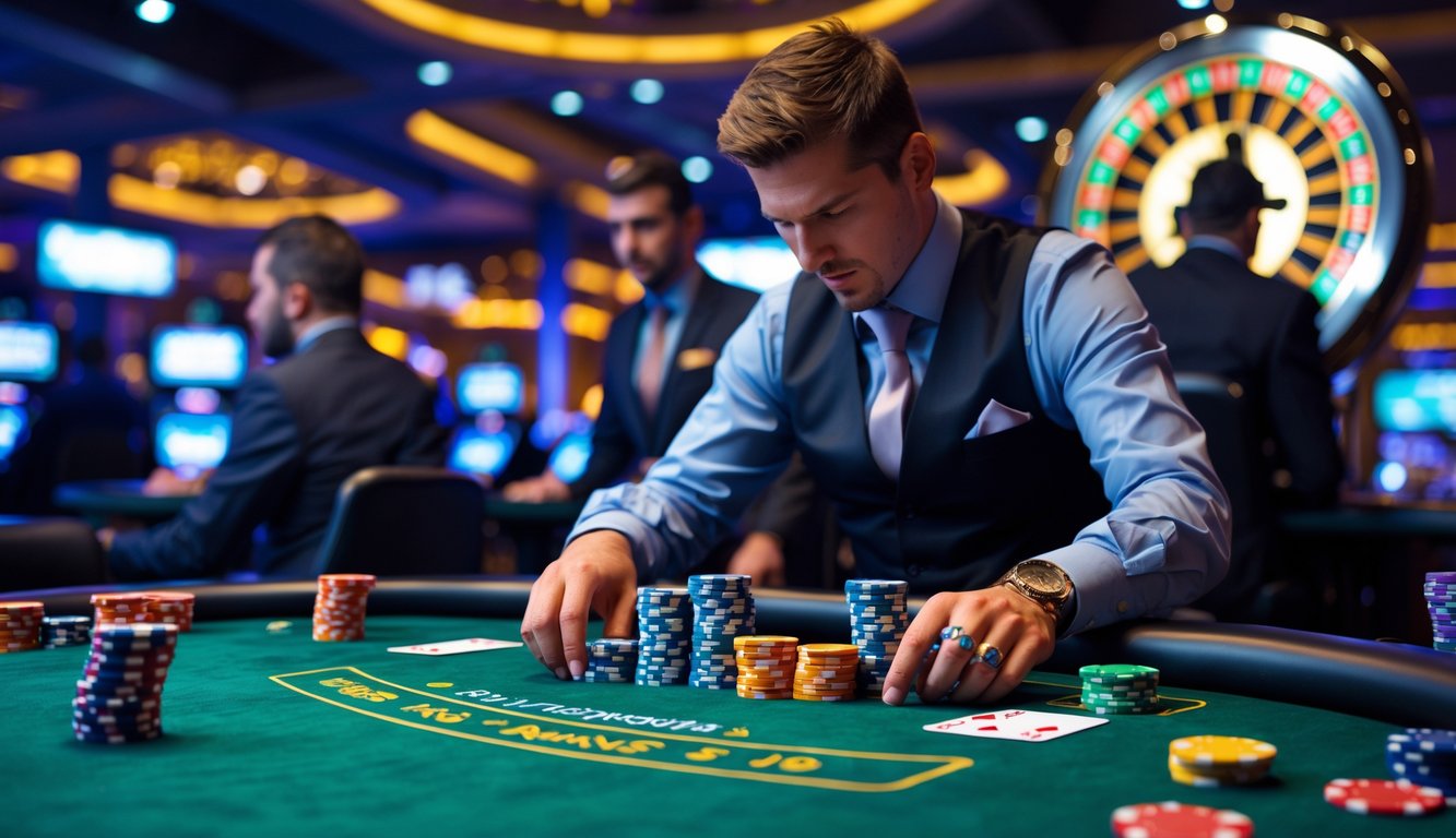 Seorang pemain poker profesional fokus bermain di meja kasino langsung dengan tumpukan chip dan kartu di depan.