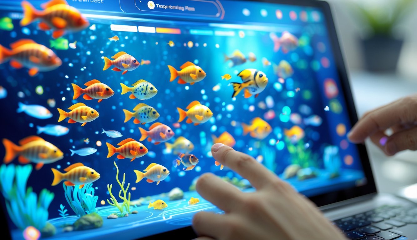 Seseorang sedang bermain game tembak ikan online dengan layar penuh warna dan ikan animasi yang bergerak di latar belakang.