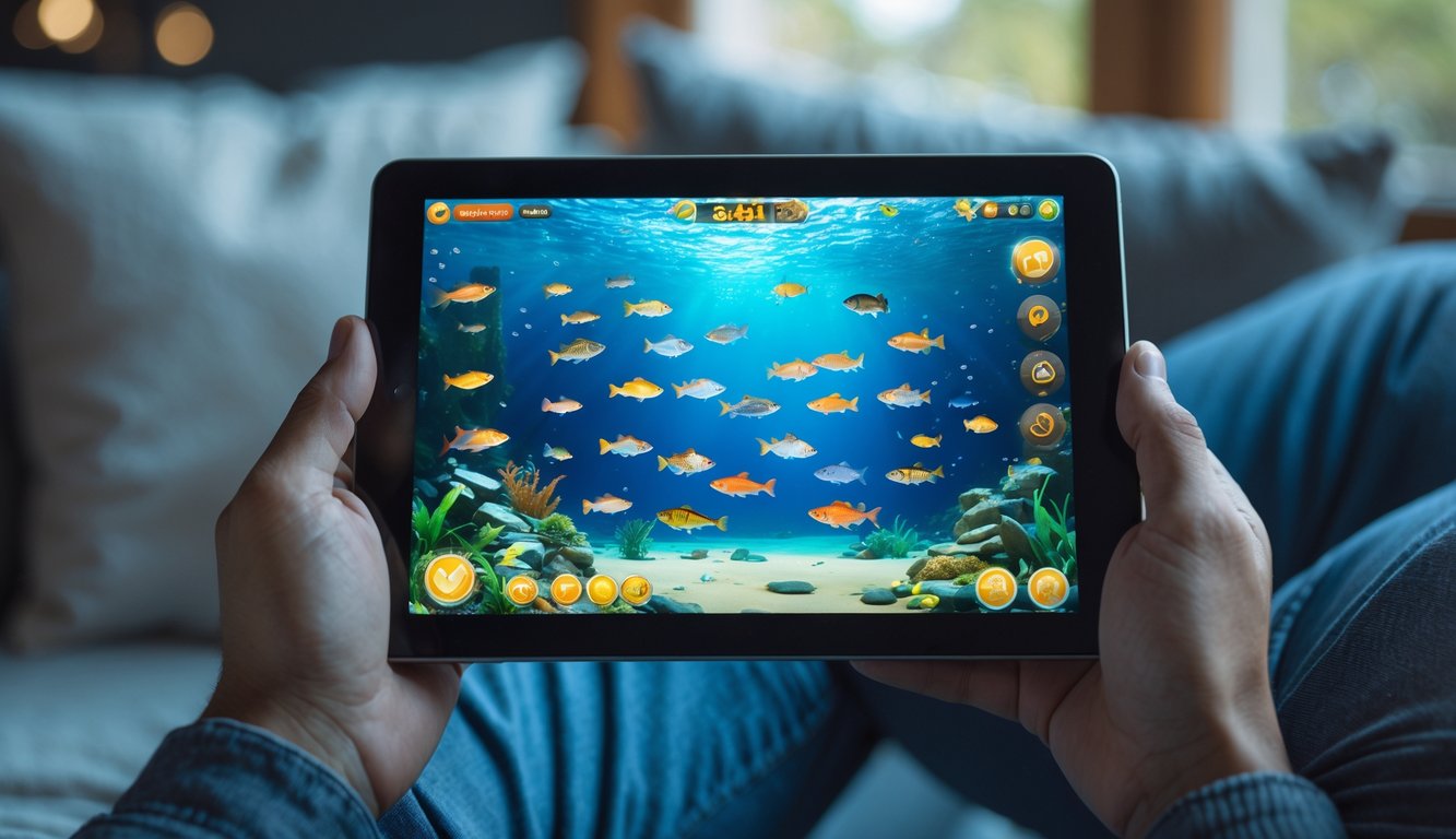 Seseorang memegang perangkat digital yang menampilkan permainan memancing ikan secara online dengan ikan berwarna-warni di layar.
