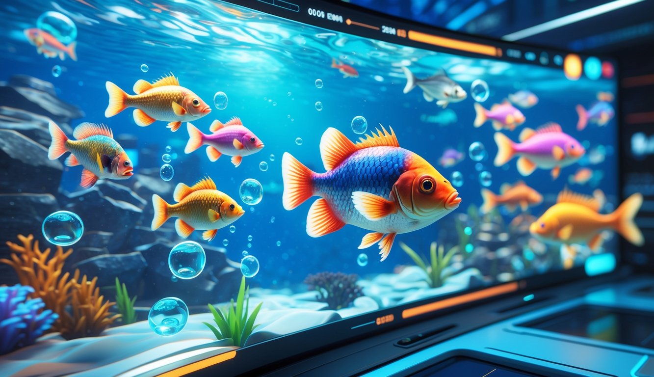 Tampilan layar permainan menembak ikan online dengan berbagai ikan berwarna-warni di dalam air dan efek cahaya yang realistis.