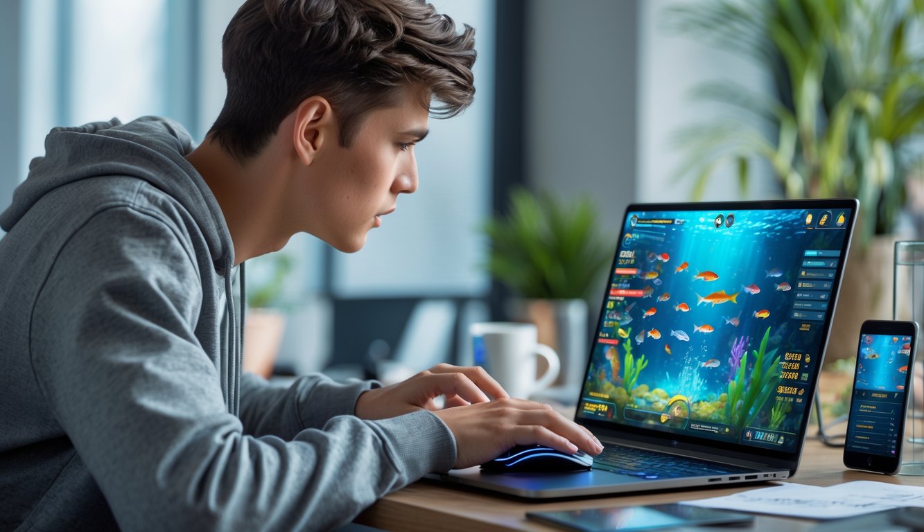 Seorang dewasa muda sedang fokus bermain game tembak ikan online di laptop di dalam ruangan yang terang dengan suasana nyaman.