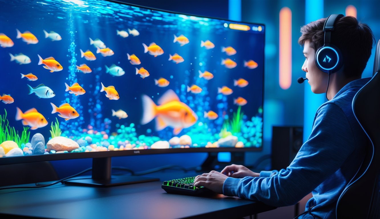 Seorang pemain fokus bermain game tembak ikan online dengan layar komputer menampilkan ikan berwarna-warni dalam lingkungan bawah laut digital.