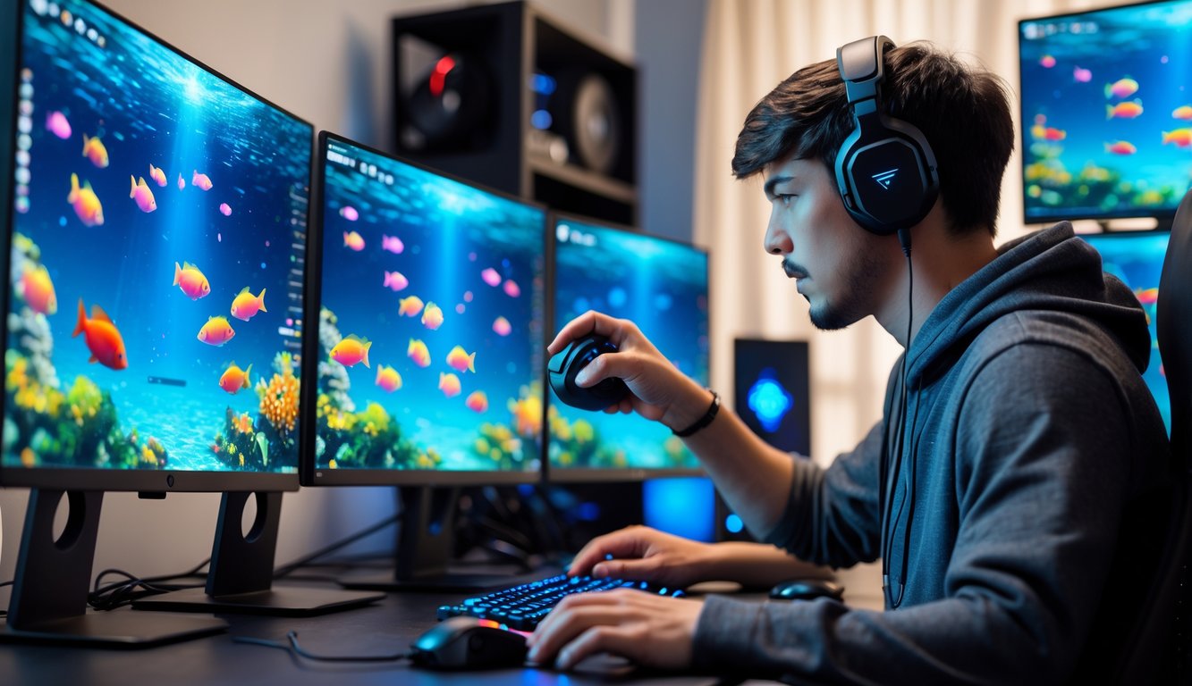 Seorang pria fokus bermain game tembak ikan online di depan komputer dengan layar menampilkan ikan-ikan berwarna-warni.