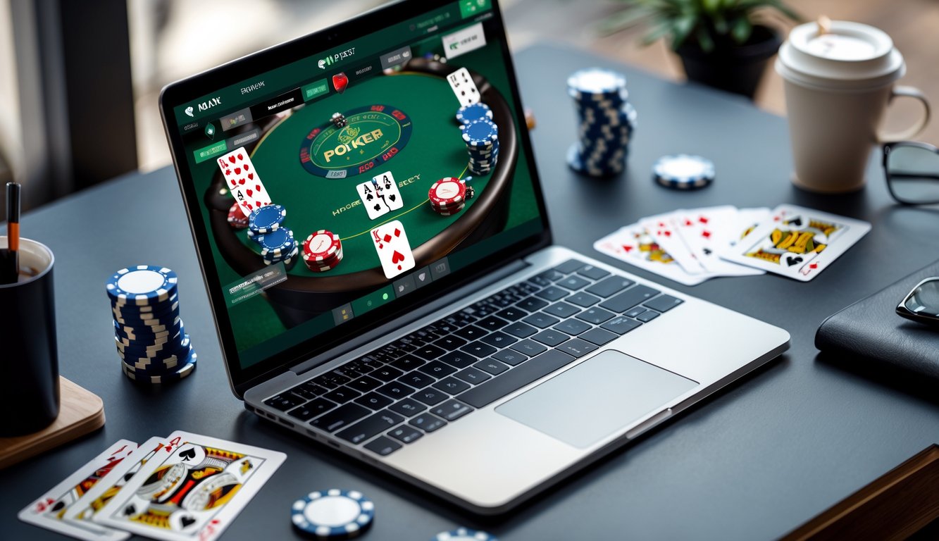 Seorang pemain poker sedang bermain poker online di laptop dengan chip dan kartu di meja.