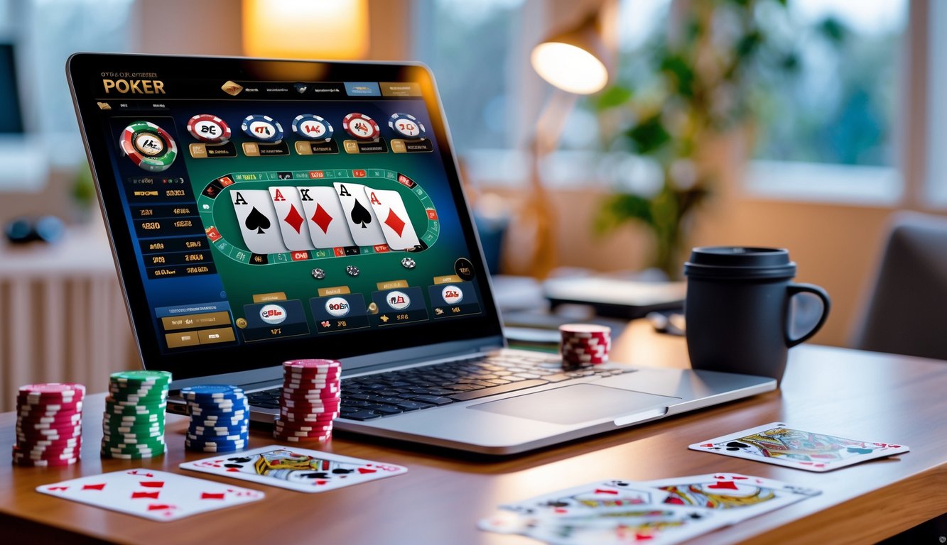 Sebuah meja dengan komputer menampilkan permainan poker online, dikelilingi oleh chip poker dan kartu, di ruang yang nyaman dan terang.