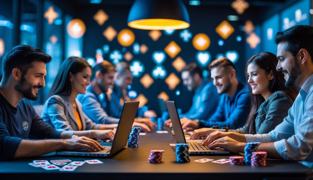 Sejumlah orang dari berbagai latar belakang bermain poker online bersama menggunakan laptop dan ponsel di sebuah ruangan modern.