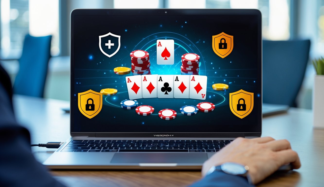 Seorang pemain menggunakan laptop untuk bermain poker online dengan ikon keamanan di sekitar layar.