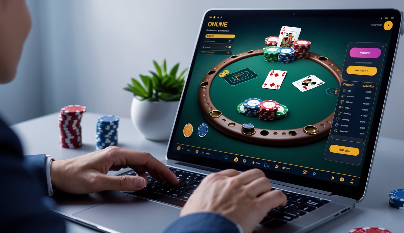 Seseorang menggunakan laptop dengan tampilan permainan poker online yang realistis dan lengkap.