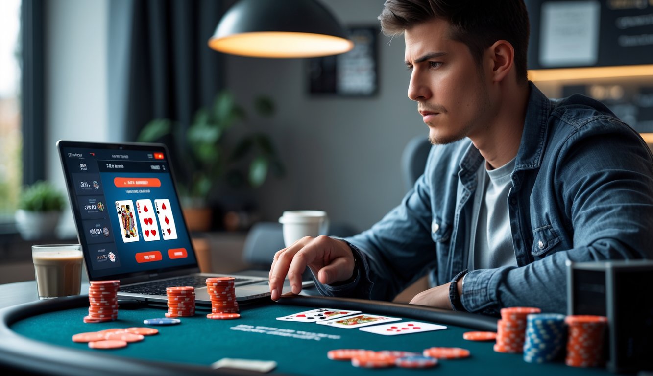 Seorang pria muda fokus bermain poker online dengan laptop di ruang kerja modern, di meja terdapat chip poker dan kartu.