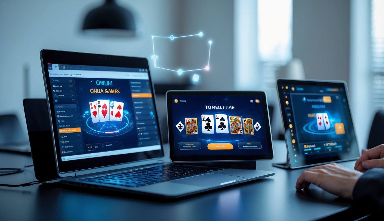 Seorang pemain poker online menggunakan laptop dan tablet di ruang kerja modern dengan tampilan permainan poker yang stabil dan real-time.