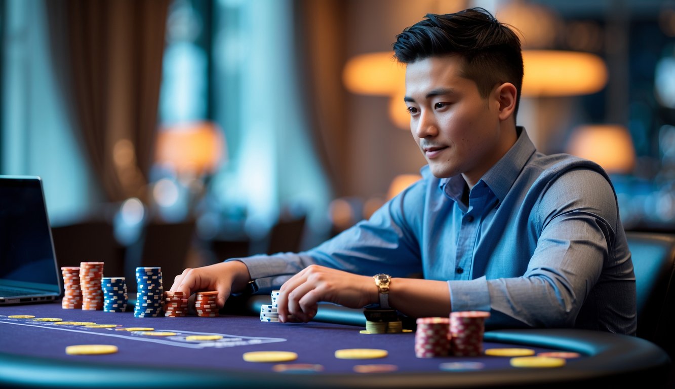 Seorang pemain poker berpengalaman duduk di meja poker dengan chip dan kartu, tampak fokus dan strategis.